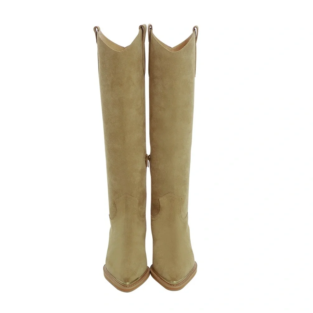 Grace Gift X Samantha Lin Leather V-Cut Western Block Heel Long Boots Beige 23.5 - Picture 5 of 16